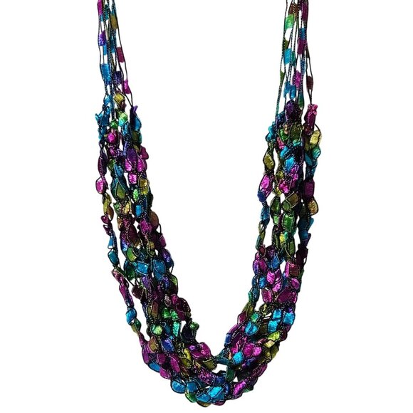 Handcrafted Iridescent Beaded Necklace Seed Beaded Macrame Fashion Jewelry - Picture 1 of 5